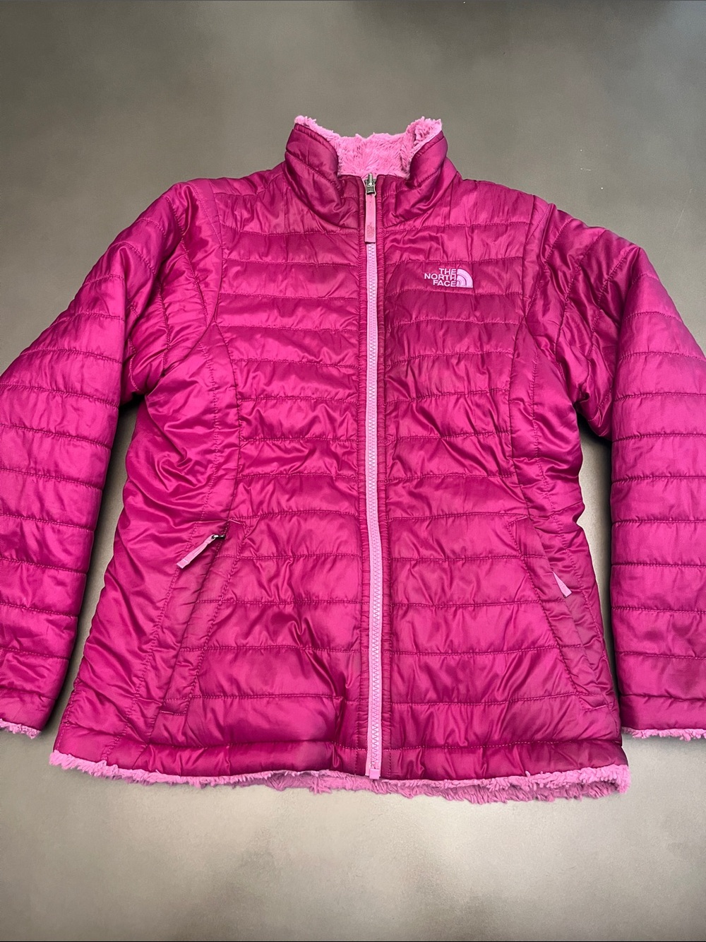 The North Face Girls' Fuchsia Reversible Quilted Puffer Jacket Size Large